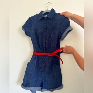 Unique Vintage Button-up Denim Romper with Red Belt